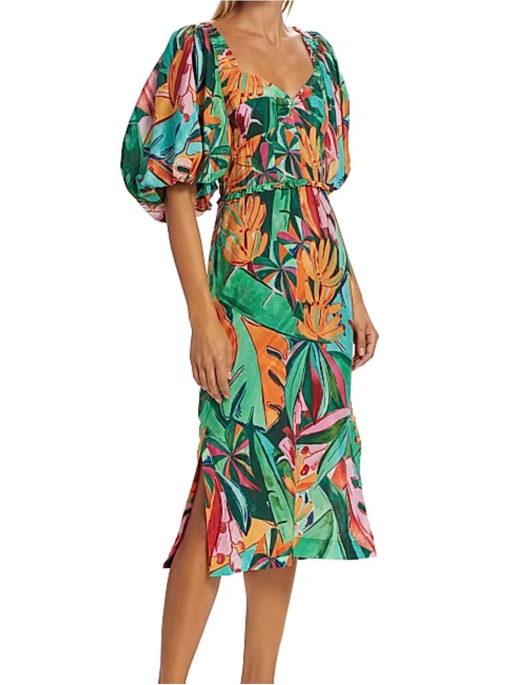 NWT FARM Rio Green Tropical Puff-Sleeve Midi Dress- size medium